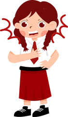 Animated Girl in Red Uniform, Surprised Expression, Braided Hair with Indonesian Elementary School Uniform