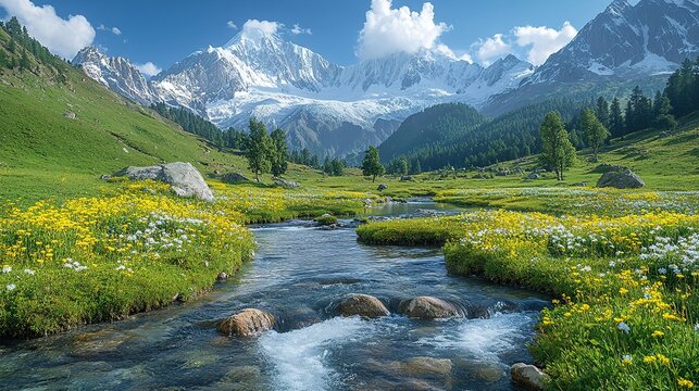 Breathtaking mountain landscape with a flowing river and vibrant wildflowers