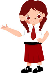 Smiling Schoolgirl in Red Uniform Presenting, Cheerful Cartoon Illustration with Indonesian Elementary School Uniform
