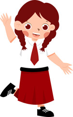 Cheerful Schoolgirl in Red Uniform Waving, Playful Posewith Indonesian Elementary School Uniform