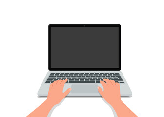 Hands in work at laptop keyboard with blank monitor screen at table. Vector illustration.