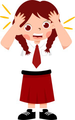 Fototapeta premium Astonished Schoolgirl in Red Uniform, Hands on Head, Cartoon Illustration with Indonesian Elementary School Uniform