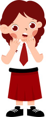 Surprised Schoolgirl in Red Pleated Skirt and Tie with Indonesian Elementary School Uniform
