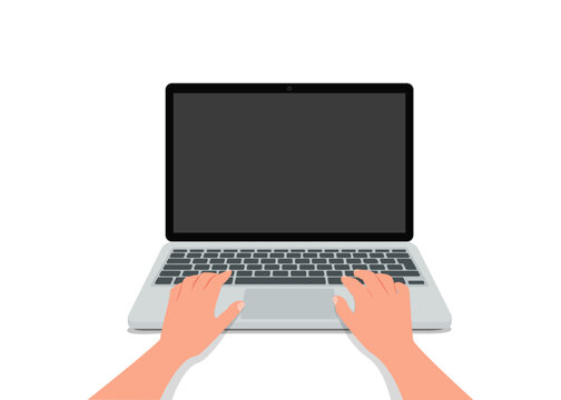 Fototapeta Hands in work at laptop keyboard with blank monitor screen at table. Vector illustration.
