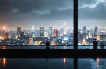 Rain lashes against a panoramic city view at night, seen from a high-rise window.  Small plants sit on a wet sill, mirroring the urban lights below.