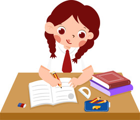 Happy Schoolgirl Concentrated on Homework at Desk with Books and Supplies with Indonesian Elementary School Uniform