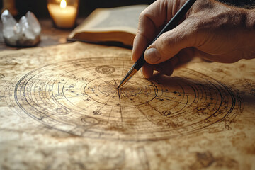 Hand drawing astrological birth chart with quill pen on parchment