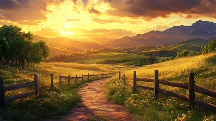 golden sunset pastures wooden fences tranquil countryside serene landscape peaceful rural harmony idyllic meadow scenic outdoor nature and beautiful evening sky horizon
