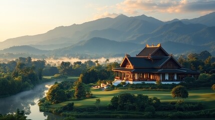 Obraz premium Serene mountain resort. Tranquil valley nestled amidst misty mountains, a wooden house sits on a manicured lawn