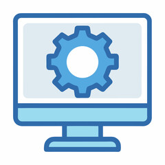 Monitor with gear represents project management or technical leadership outline icon on white background