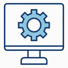 Monitor with gear represents project management or technical leadership outline icon on white background