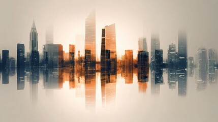 Fototapeta premium Stylized Cityscape with Layered Reflection on Reflective Surface