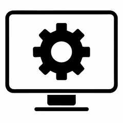 Monitor with gear represents project management or technical leadership outline icon on white background