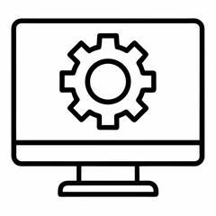 Monitor with gear represents project management or technical leadership outline icon on white background