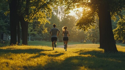 Fototapeta premium Couple running through a sun-drenched park, trees providing soft, dappled lighting. Illustrates healthy lifestyles, fitness, and enjoying the outdoors together.
