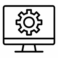 Monitor with gear represents project management or technical leadership outline icon on white background