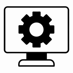 Monitor with gear represents project management or technical leadership outline icon on white background