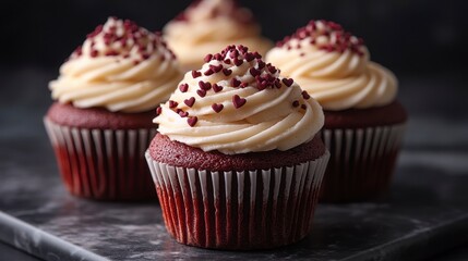 Red cupcakes. Creamy swirls, heart sprinkles, marble background