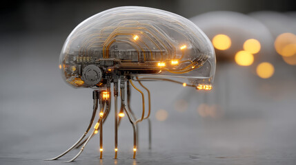 Futuristic 3D rendering of a semi-transparent brain with flowing neon circuits and abstract glowing