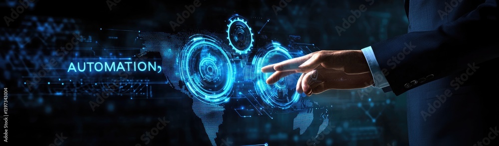 Poster automation concept businessman interacting with digital interface on world map