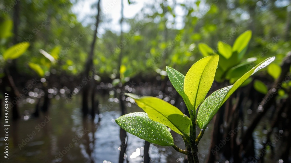Poster a close-up of mangrove leaves with water droplets, capturing the details of their texture and color 
