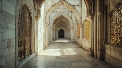 Obraz premium Sunlit Stone Hallway with Arched Entryways and Intricate Metal Gates