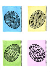 The image shows four decorative Easter eggs, each of which is placed on a rectangular background of a different color: blue, yellow, green and pink. Each egg has its own unique ornament in the doodle.
