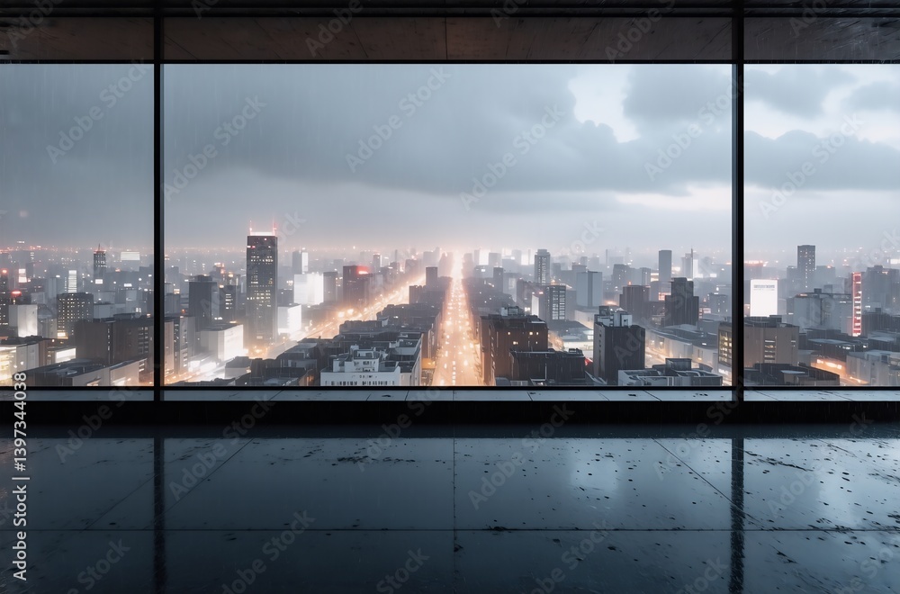 Poster a panoramic view of a city at dusk is seen through a large window from a minimalist, empty room. rai