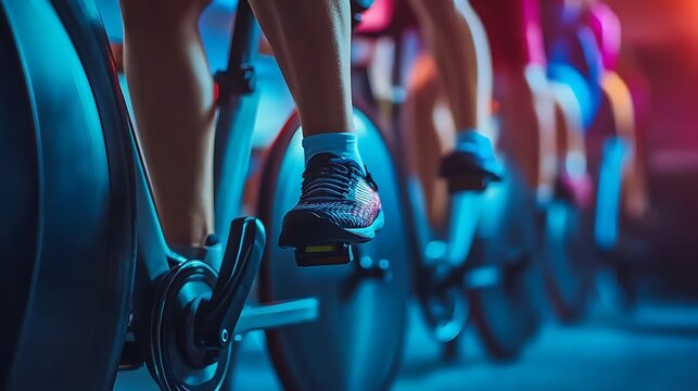 diverse group of people in indoor cycling class riding spin bikes during high energy cardio workout under colorful lights in a happy fitness studio setting