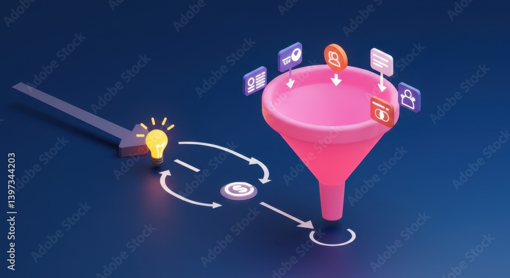 Poster visualizing the sales funnel process: from idea to revenue generation