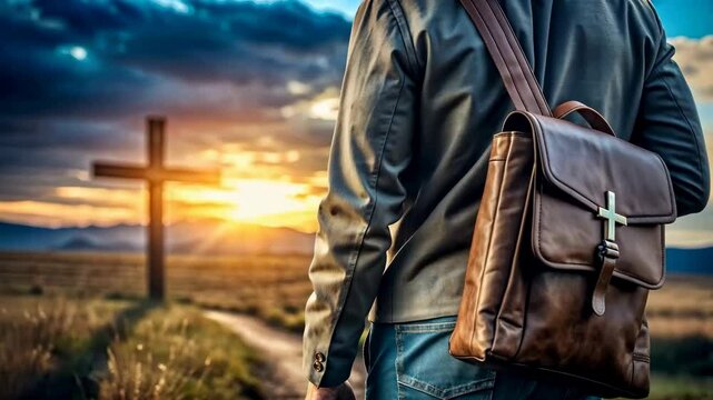 Missionary with suitcase preaching The Word of God in field sunset 4K