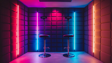 Neon-Lit Studio: Two Bar Stools and Vibrant Walls
