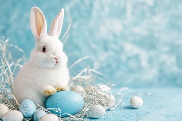  a cute, fluffy white bunny sitting on a blue Easter egg, isolated on a pastel background 