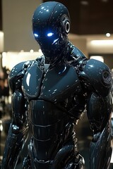 Fototapeta premium Sleek black robot with glowing blue eyes.
