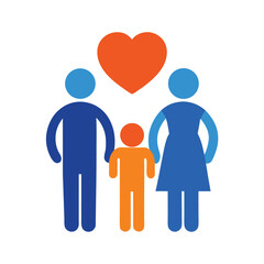 Stylized Family with Child & Heart Blue Father, Orange Son, Blue Mother Design