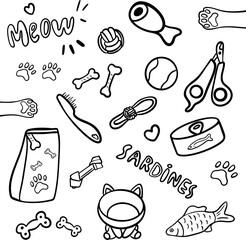 Collection of cats toys. Pet supplies food and toys. Zoo shop items. Vector illustration isolated on white background outline