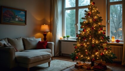 Decorated evergreen tree with fairy lights and ornaments in a cozy living room background , Living room decor, Indoor decorating