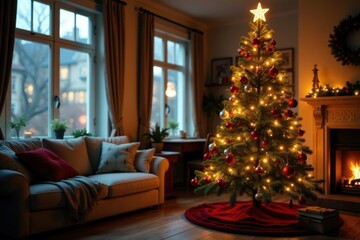 Decorated Christmas tree with lights and ornaments in a cozy living room, Ornaments, Holiday Decorations, Lights