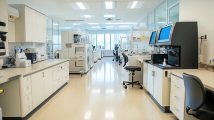 Modern sterile laboratory interior, clean and bright with advanced scientific equipment and pristine workstations.