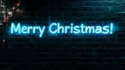 Obraz premium Neon Blue Merry Christmas Sign on Black Background with Decor