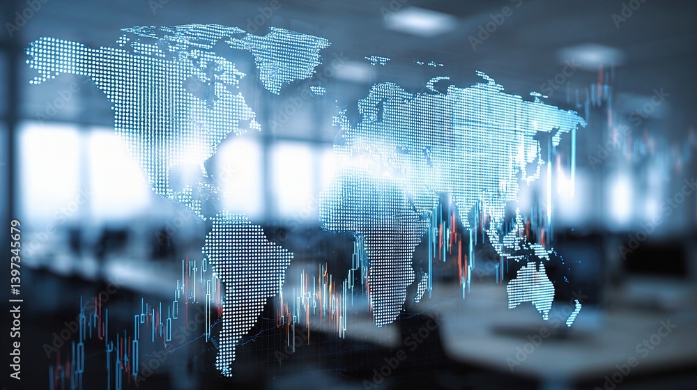 Poster glowing world map intersected by forex chart in office space