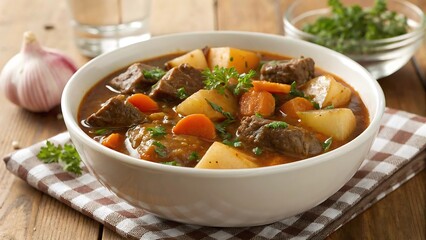 Hearty Beef Stew with Chunky Vegetables in Rustic White Bowl on Wooden Table