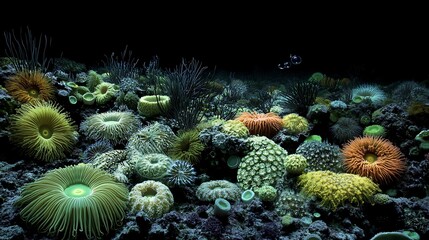 A vibrant underwater scene of diverse anemones and marine flora.