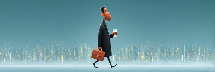 A bustling metropolis backdrop with a confident black executive strolling along, takeaway coffee in