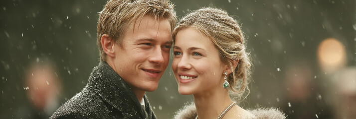Emotional winter wedding moment with a groom in a dark coat warmly embracing the bride in a white
