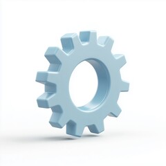 3D gear icon in light blue plastic with rounded teeth and soft inner bevel, slight shadow beneath, clean floating style, white backdrop 