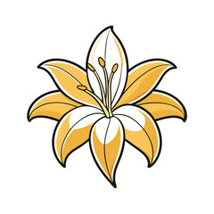 Stylized Yellow Lily Flower with Black Outline on White, Floral Art, Cartoon Style