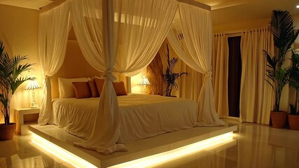Luxurious four-poster canopy bed in elegant bedroom, draped in white fabric and illuminated by soft warm light with plants decorations - Powered by Adobe