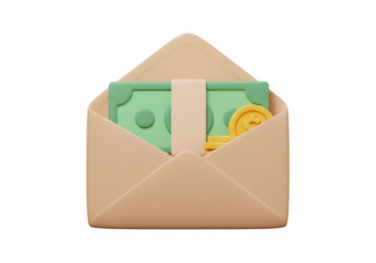 Envelope containing money bills and coins in a cartoonish style