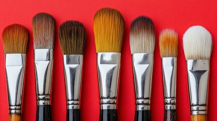 Fototapeta premium Makeup brushes lined up. Variety of styles and shapes on a red background